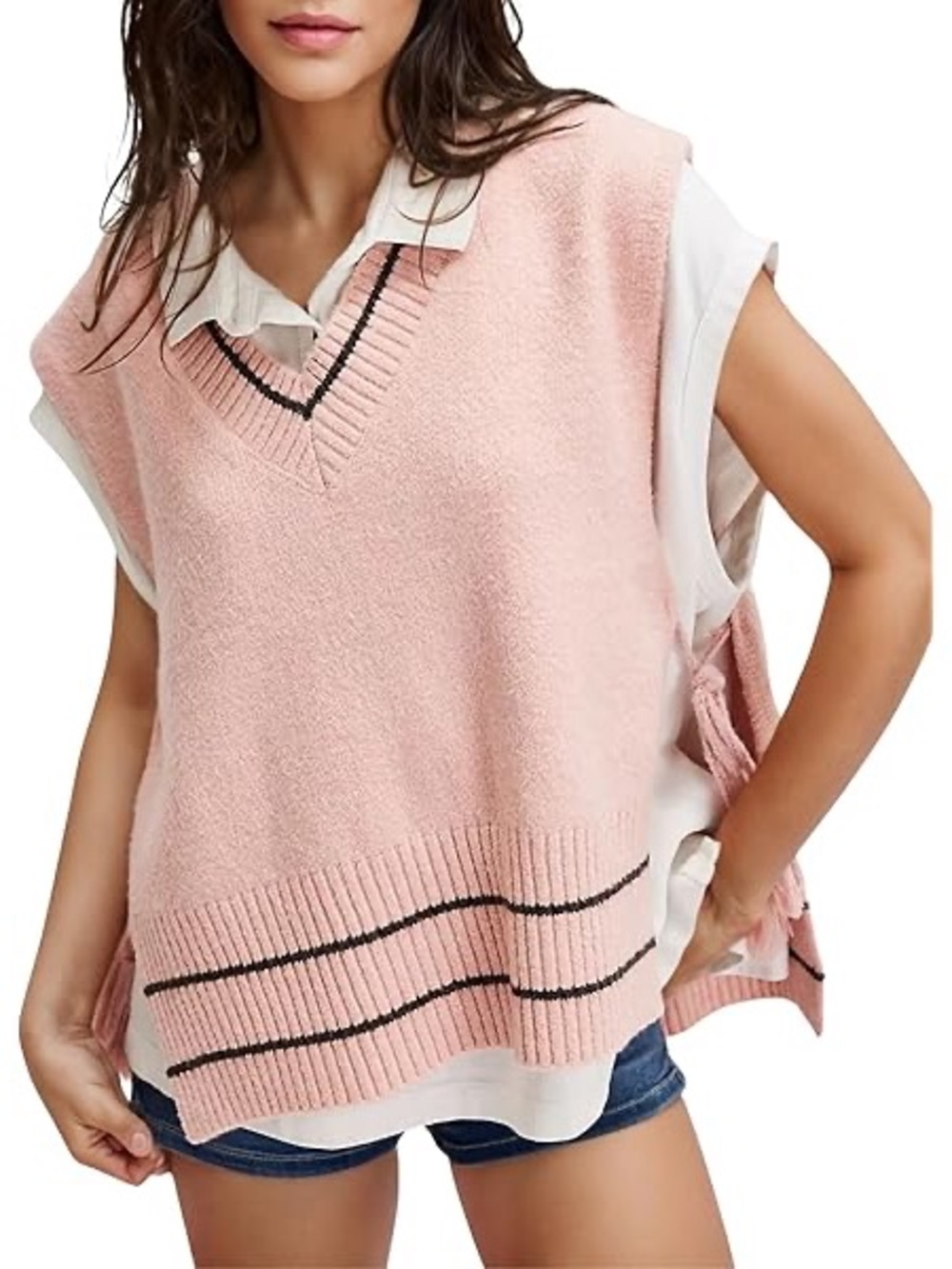FREE PEOPLE OVERSIZE SWEATER VEST WITH SIDE TIGHT TASSELS